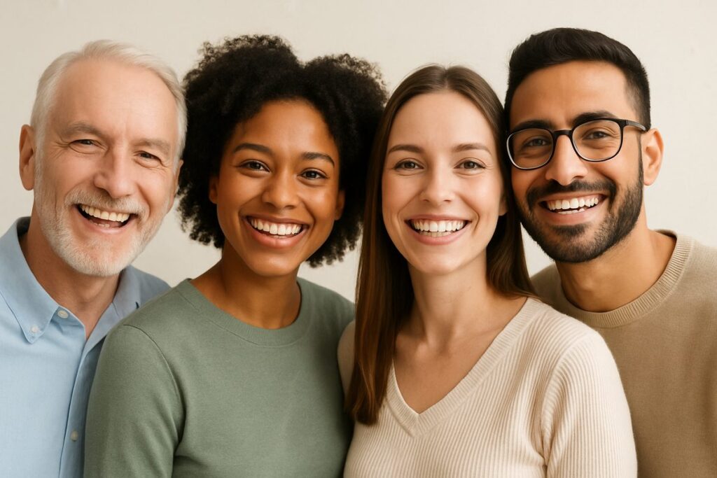 A diverse group of happy people smiling, showcasing the dental implants benefits of improved confidence and appearance. No text on the image.