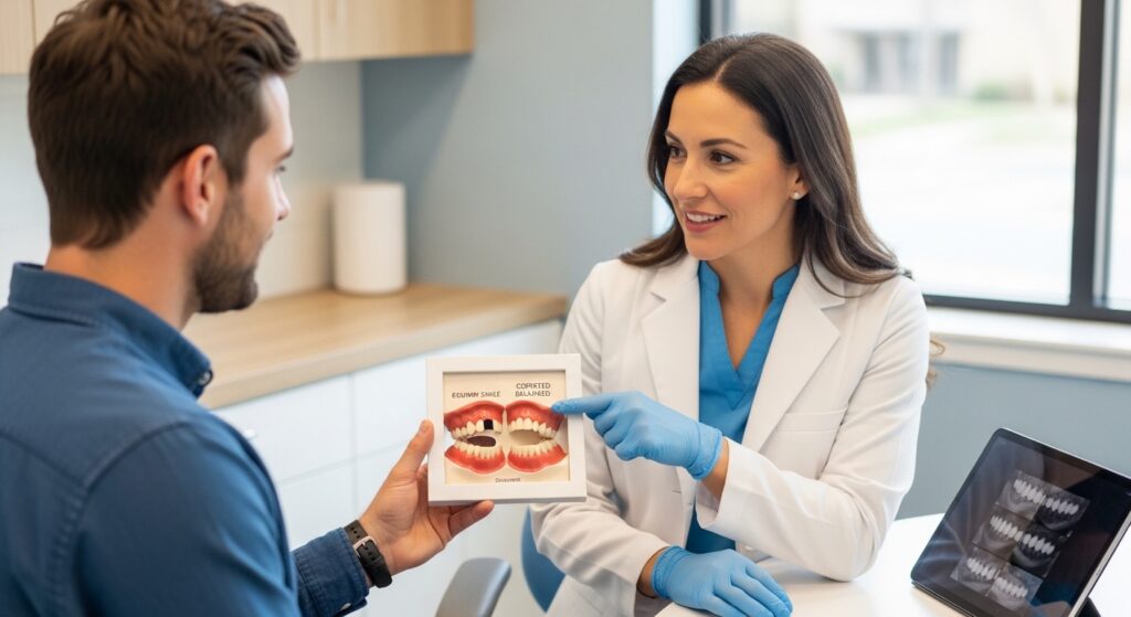 Dentist and patient discussing gummy smile correction options in a modern dental office
