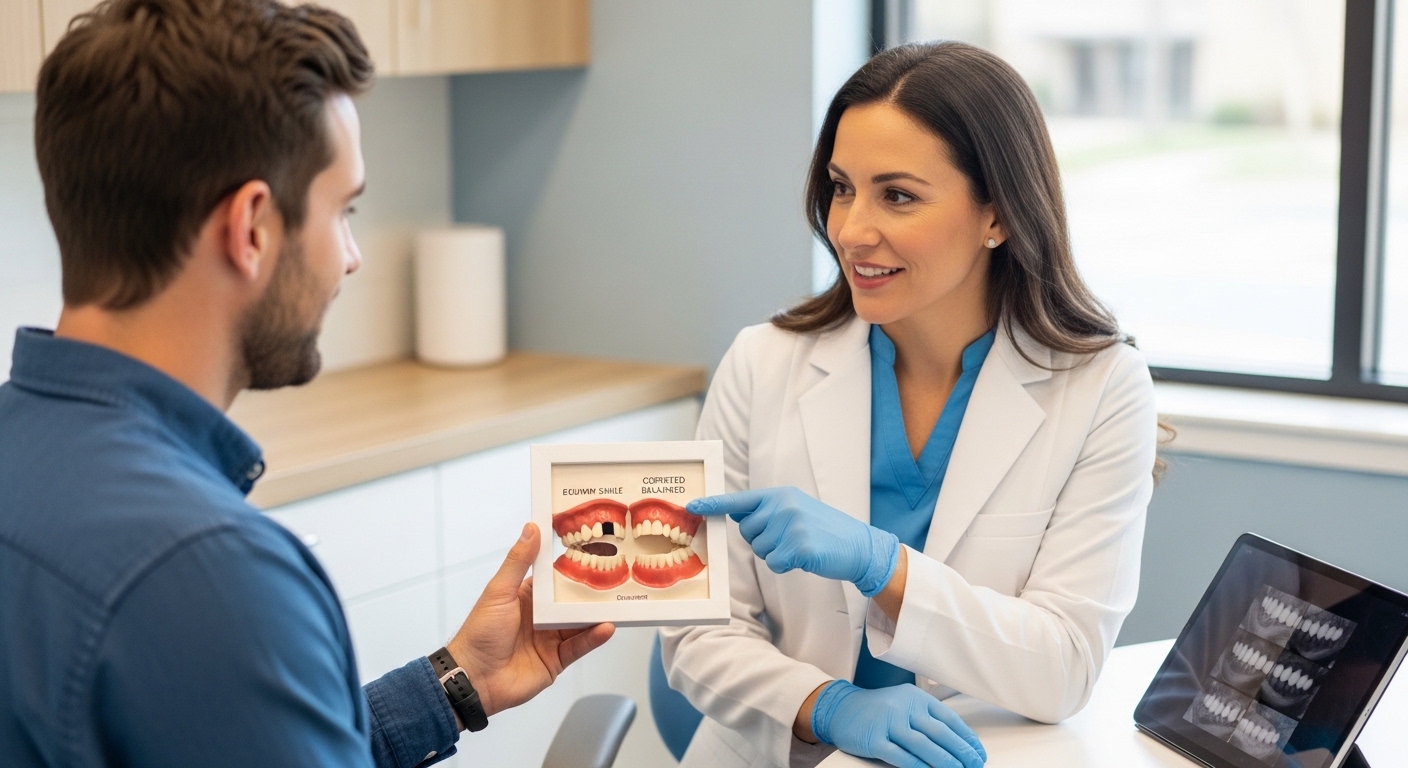 Dentist and patient discussing gummy smile correction options in a modern dental office