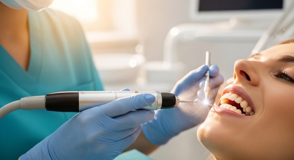 Dentist performing a prophy procedure in a modern dental office