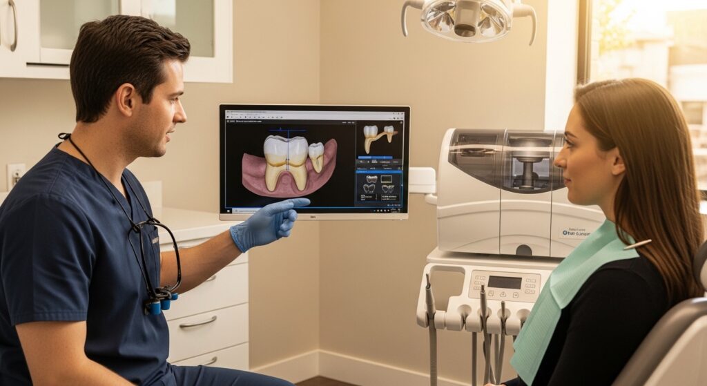 Dentist crafting a crown in a single visit using advanced dental technology