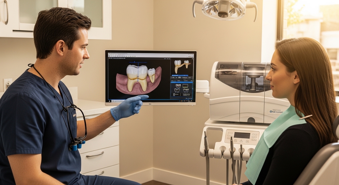 Dentist crafting a crown in a single visit using advanced dental technology