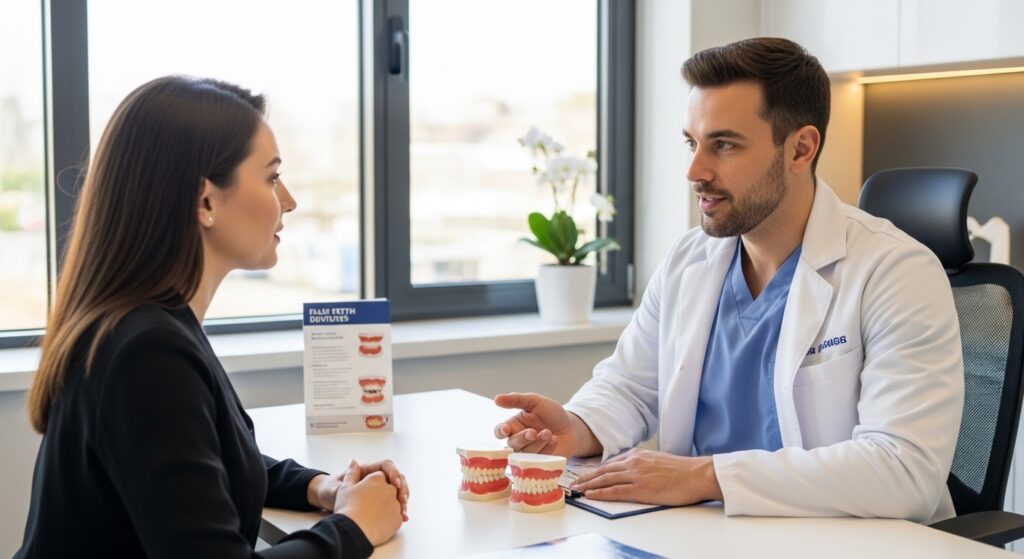 Dentist consulting with patient about false teeth options in a modern clinic