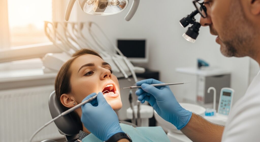 Dentist consulting a patient in a modern dental clinic.