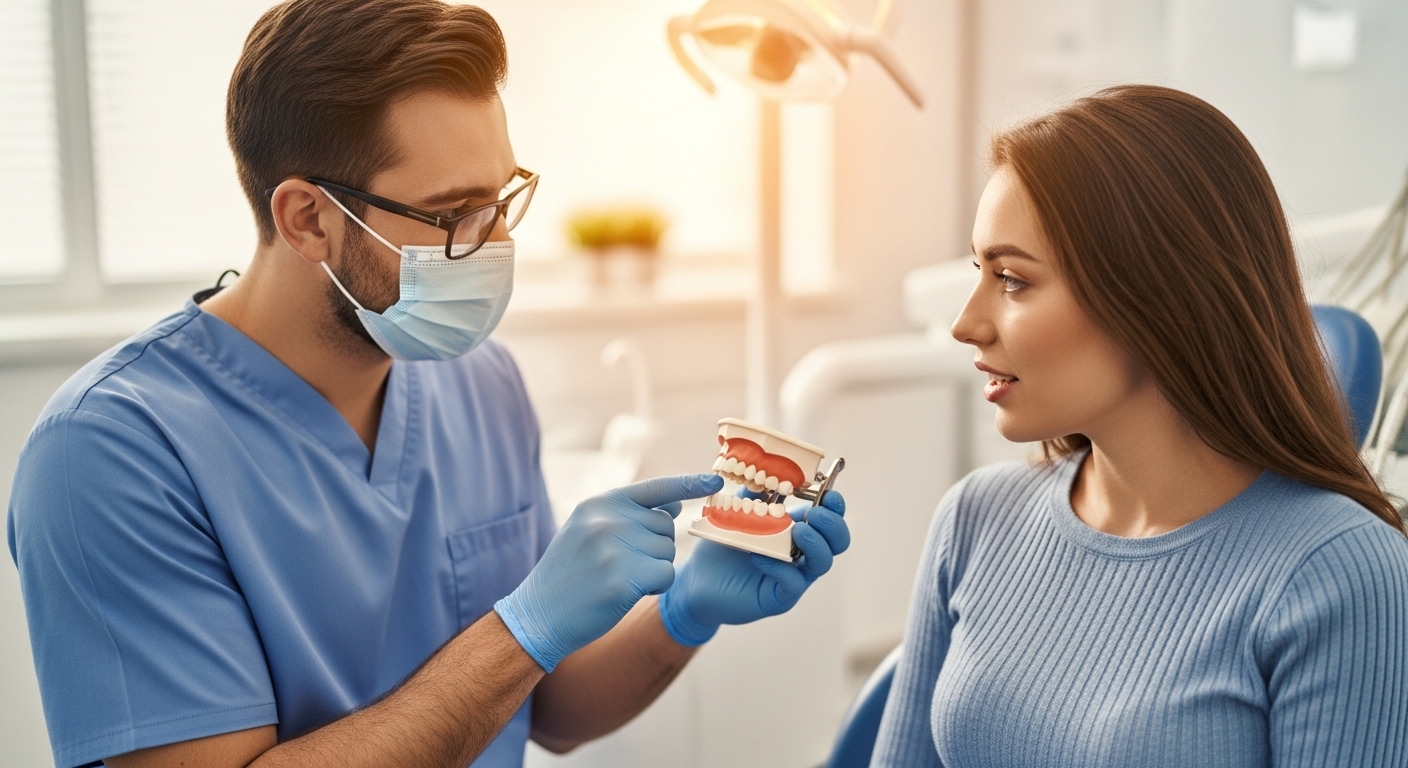 Dentist and patient discussing dental deep cleaning in a modern office
