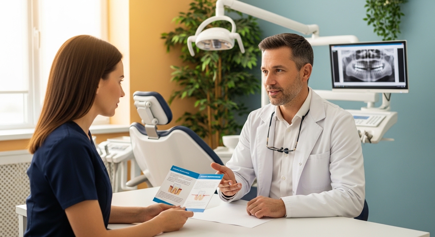 Patient and dentist discussing dental treatment in modern office
