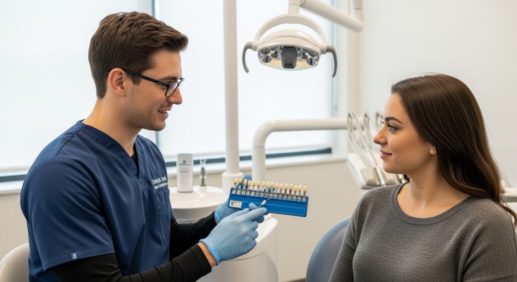 Patient discussing teeth whitening options with dentist.