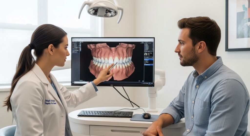 Dentist discussing treatment plan with patient at consultation