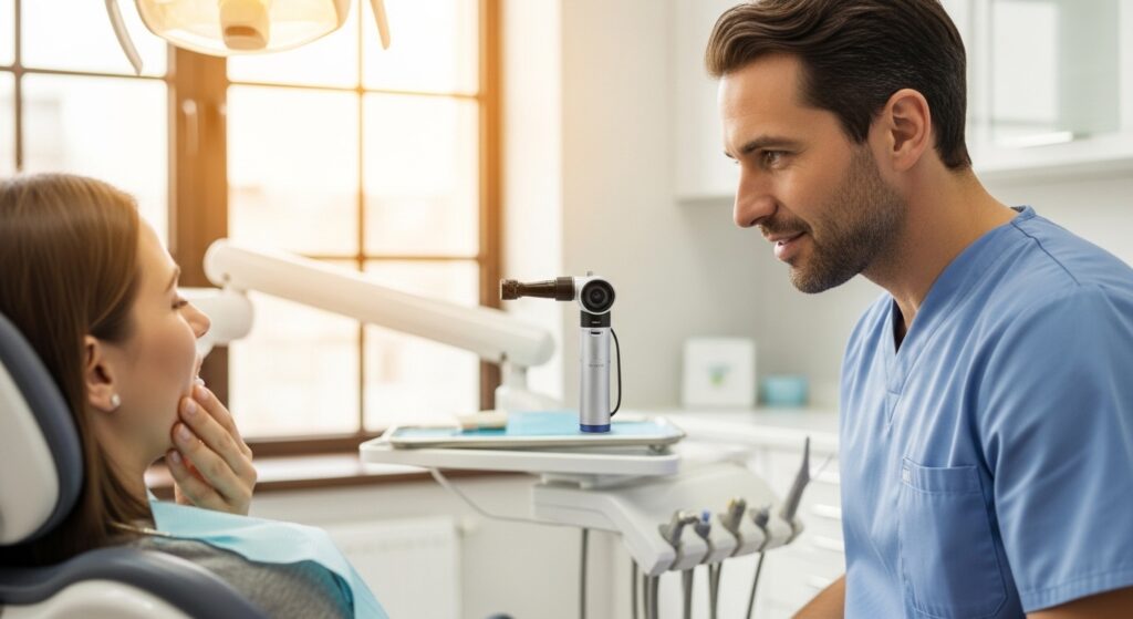 Dentist consulting with a patient in a modern dental office