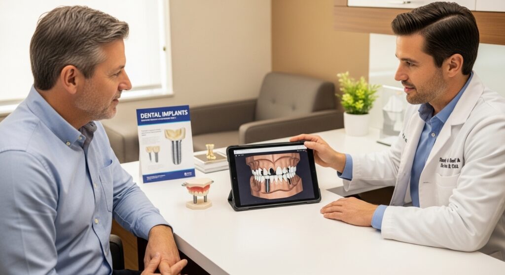 Dentist consulting patient about dental implant options in a modern office