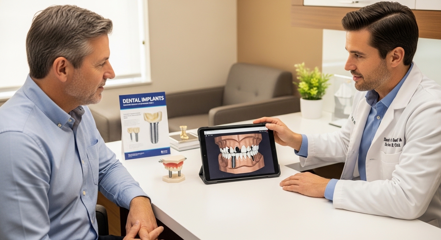 Dentist consulting patient about dental implant options in a modern office