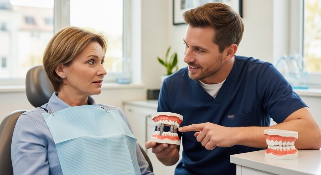 Patient consultation about fixed double arch implants with a dentist.
