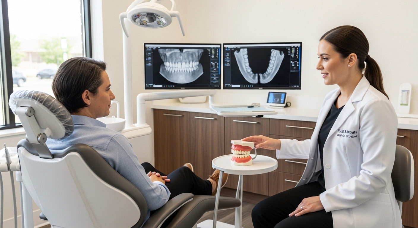 Patient consulting with a dentist about full-mouth implant options
