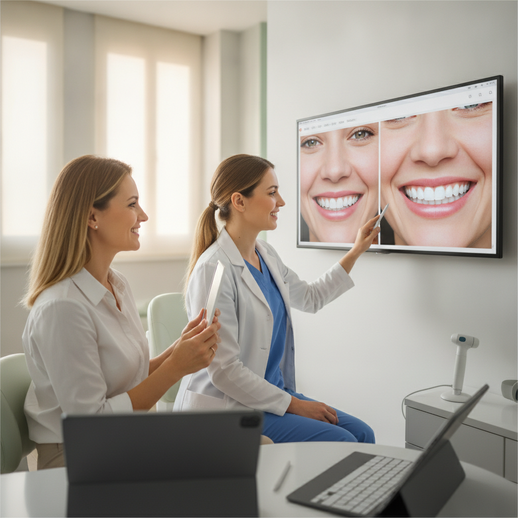 Dentist and patient discussing cosmetic dental options in an Atlanta office