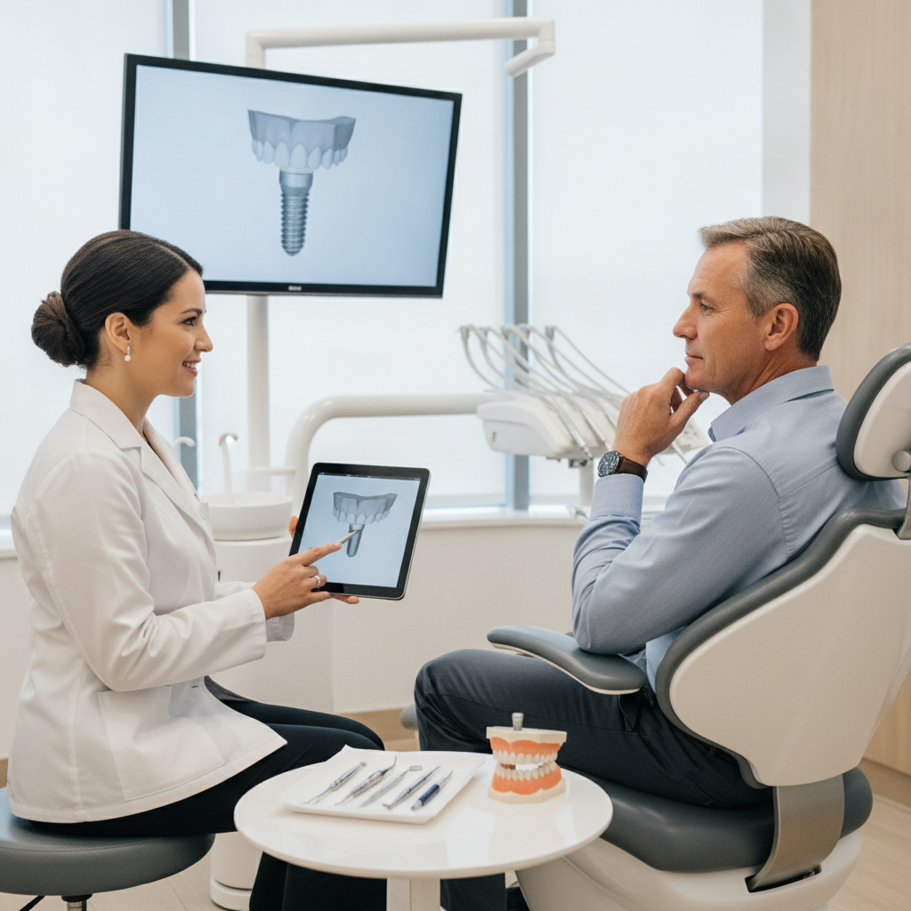 Dentist consulting with a patient about dental implants in a modern dental office