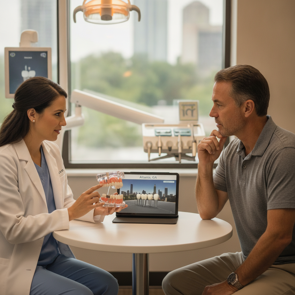 Dentist consulting with a patient about dental implants in a modern Atlanta office
