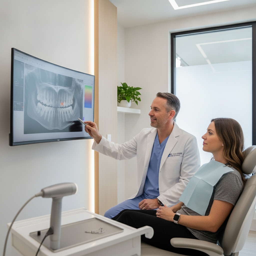 Dentist consulting with a patient using digital imaging in a modern dental office